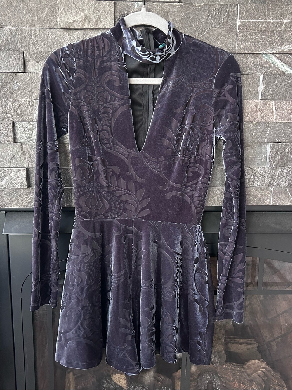 Karlie Velvet Long-Sleeve Romper in Dark Gray